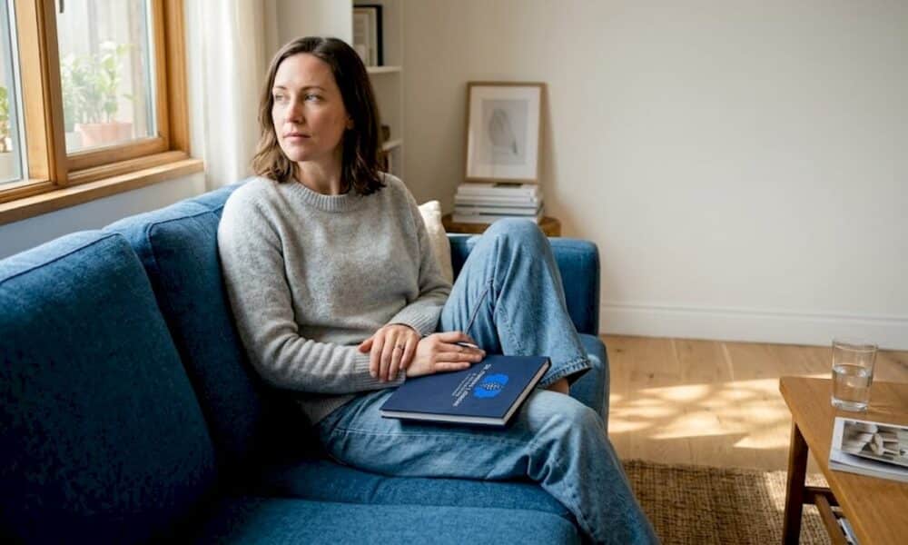 Woman quietly reflecting with notebook in bright living room