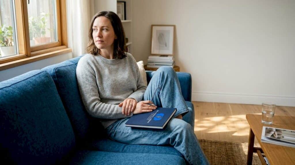 Woman quietly reflecting with notebook in bright living room