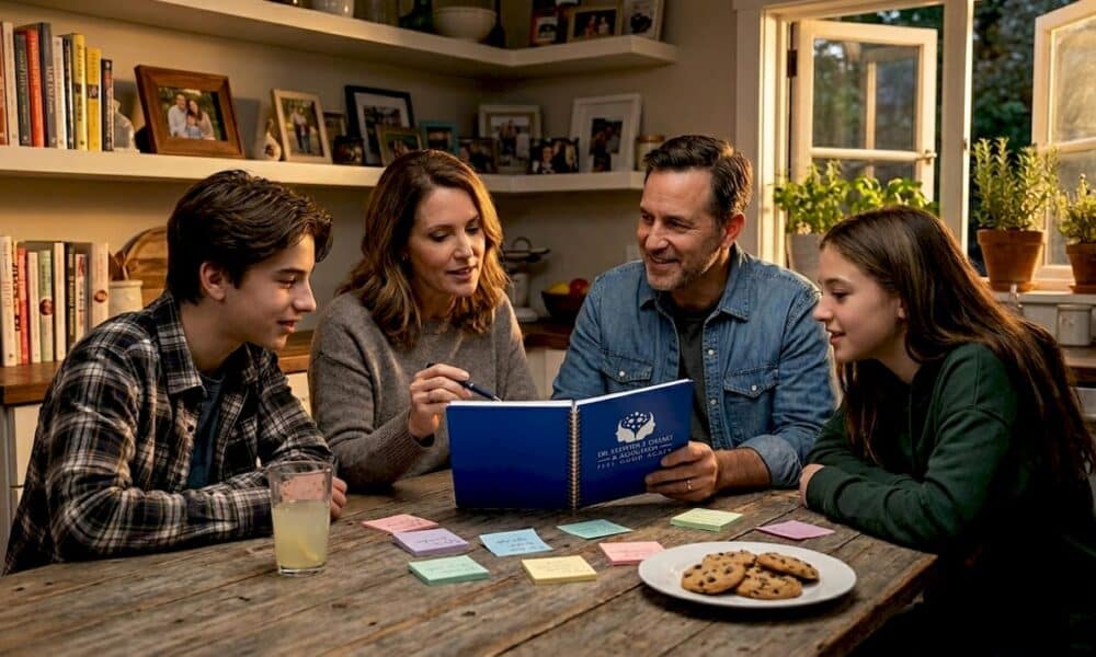Family talking in sunlit living room
