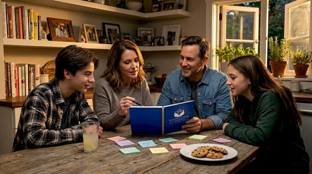 Family talking in sunlit living room