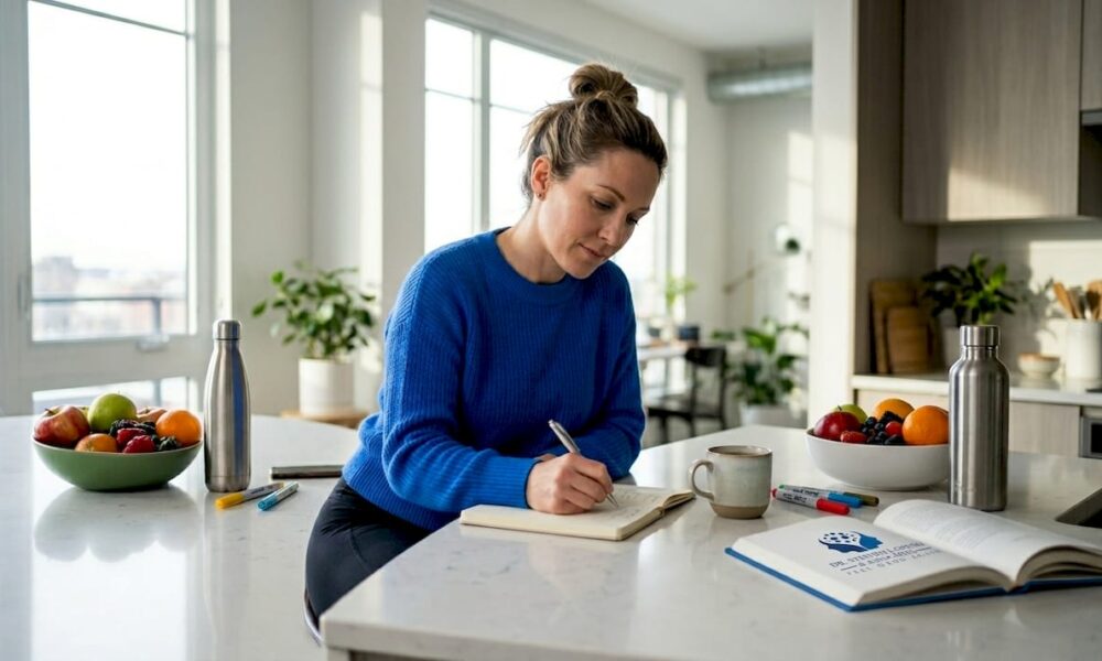 Woman tracking healthy habits at kitchen table