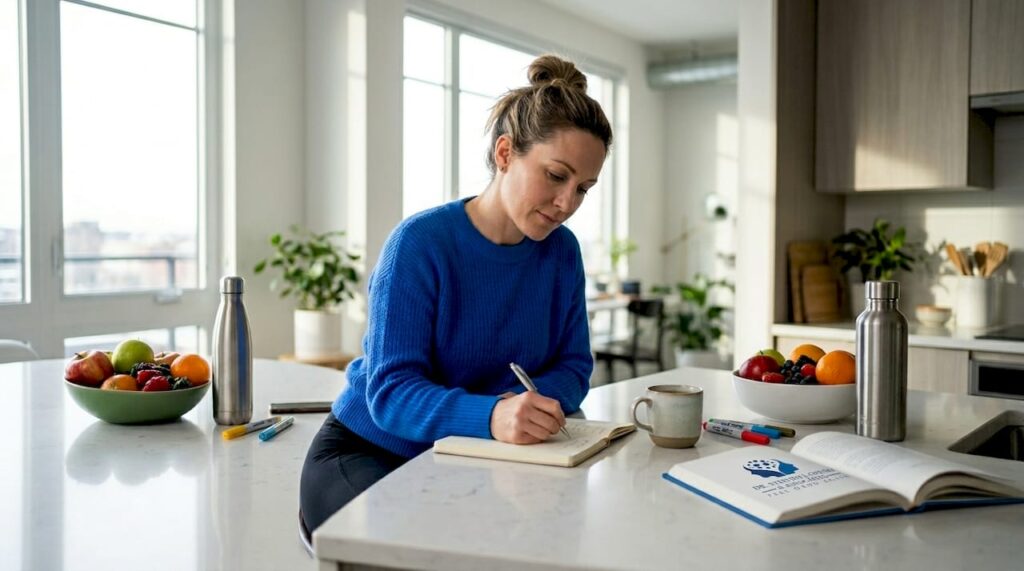 Woman tracking healthy habits at kitchen table