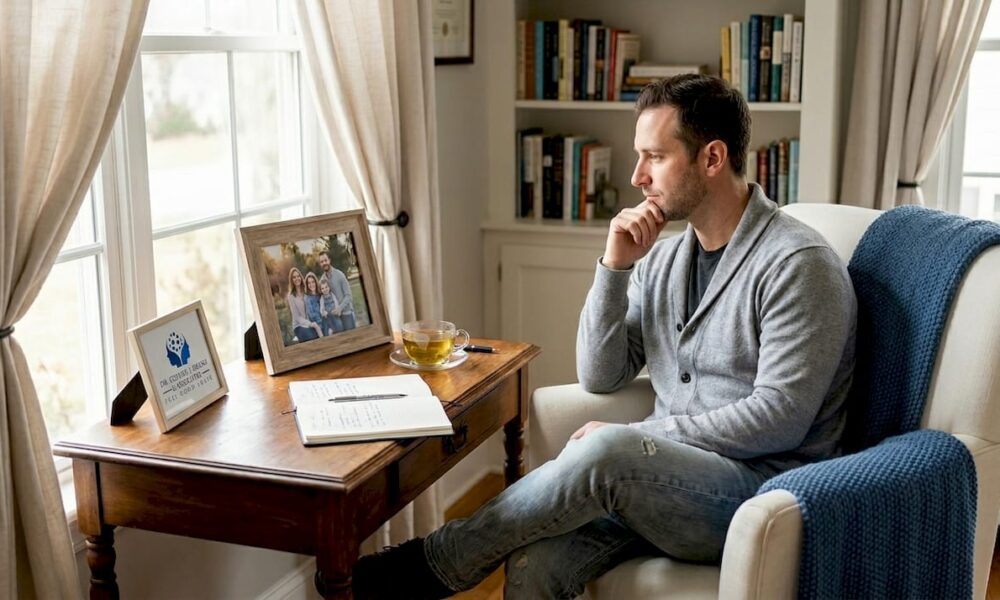 Man reflecting in living room with photo frame