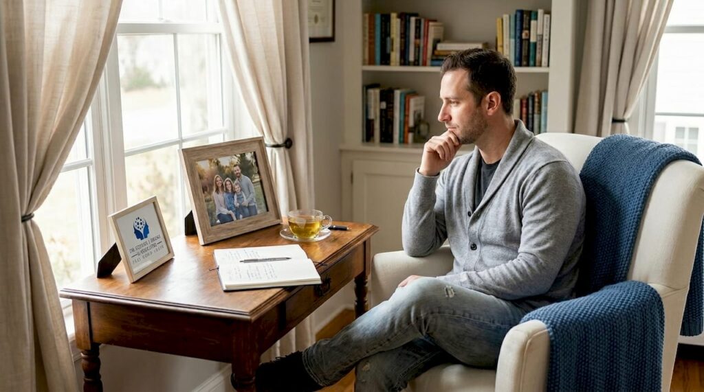 Man reflecting in living room with photo frame