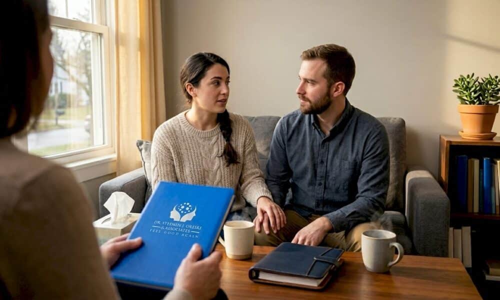 Engaged couple during marriage counseling session