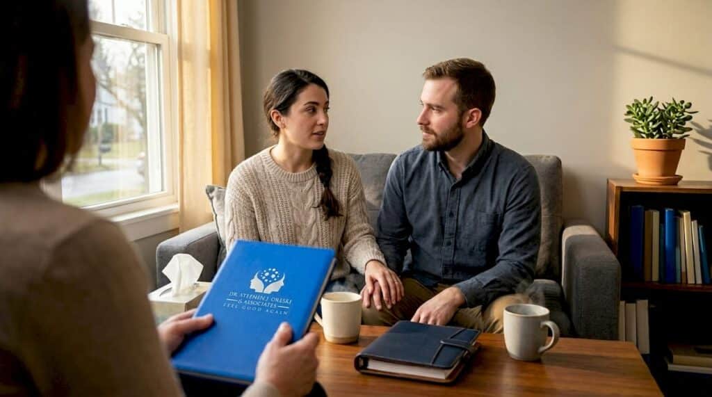 Engaged couple during marriage counseling session