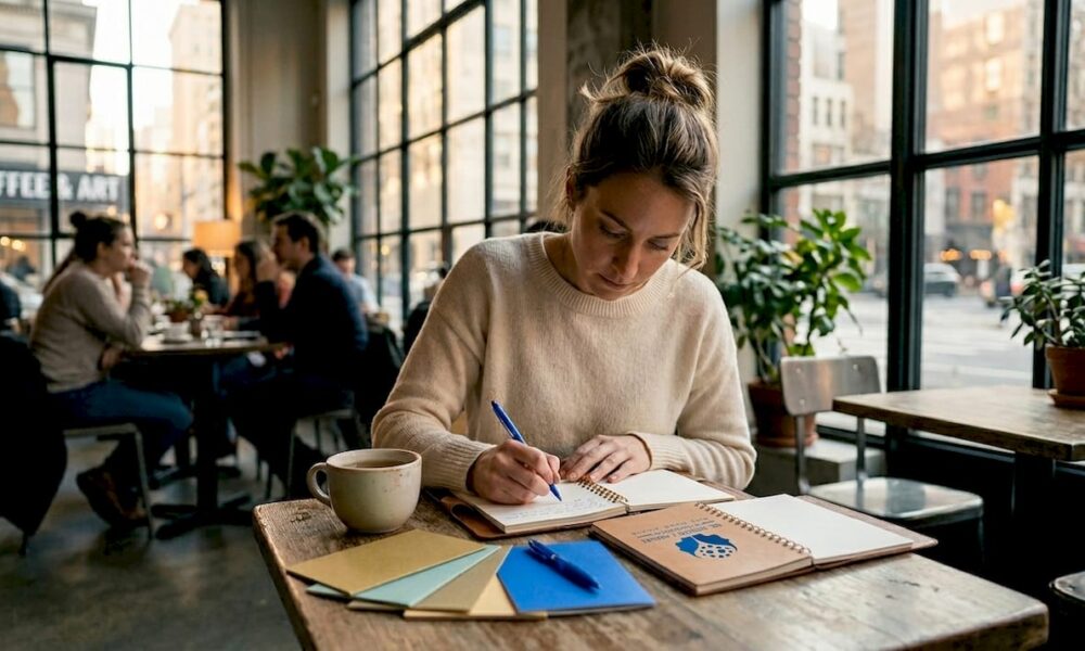 Woman journaling at kitchen table in sunlight