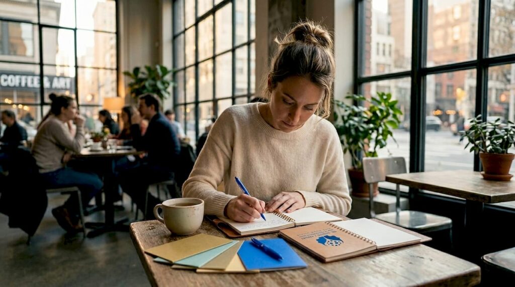 Woman journaling at kitchen table in sunlight