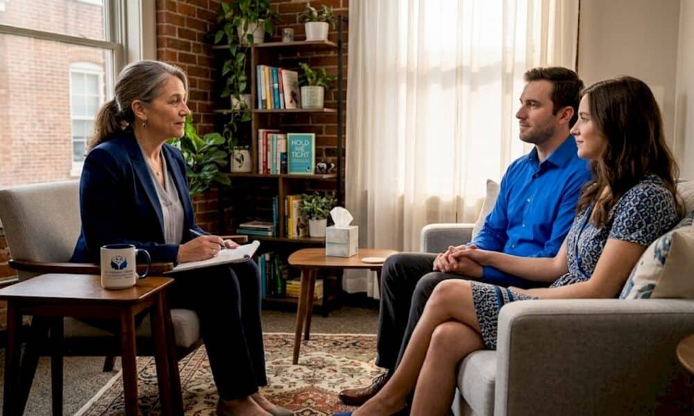 Marriage counselor and couple having open discussion
