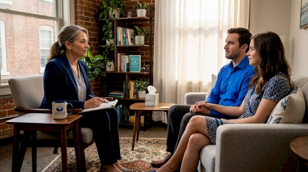 Marriage counselor and couple having open discussion