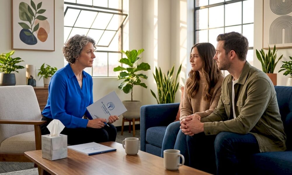 Counselor and couple in candid session moment