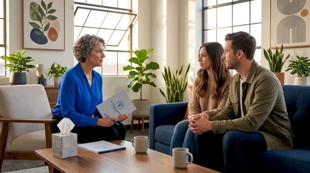 Counselor and couple in candid session moment