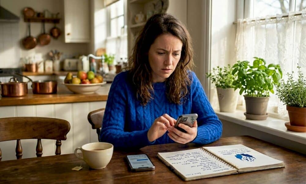 Woman checking phone at kitchen table