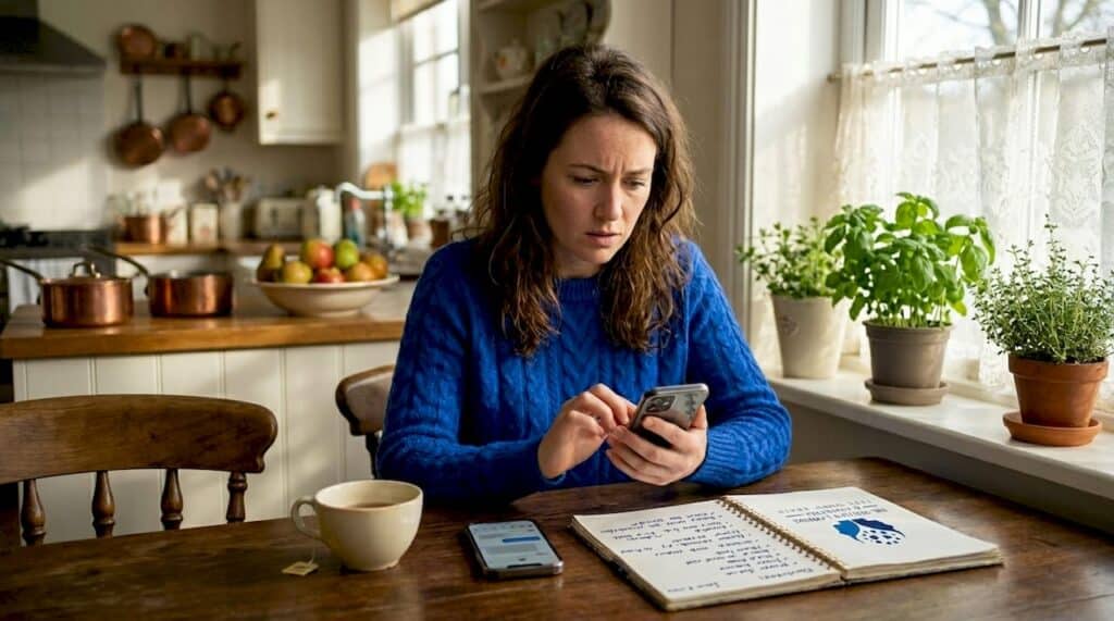 Woman checking phone at kitchen table