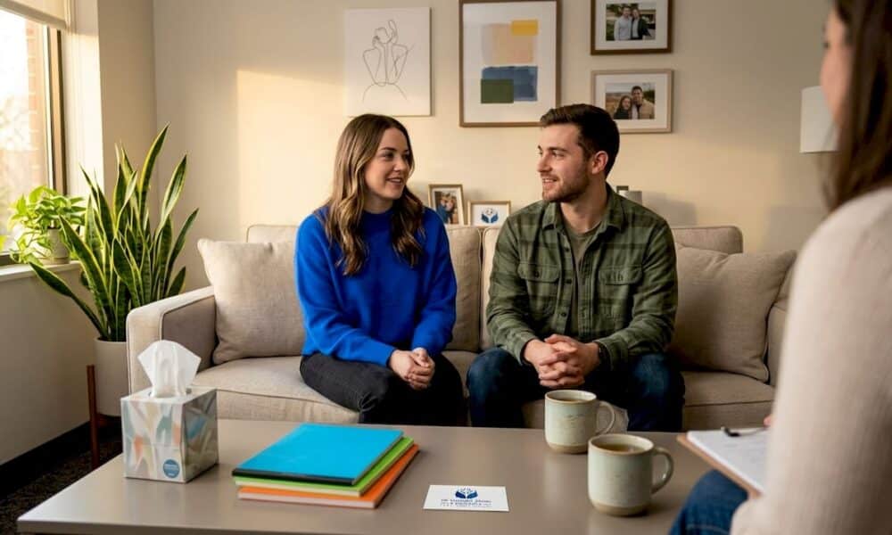 Couple in therapist’s office during premarital counseling