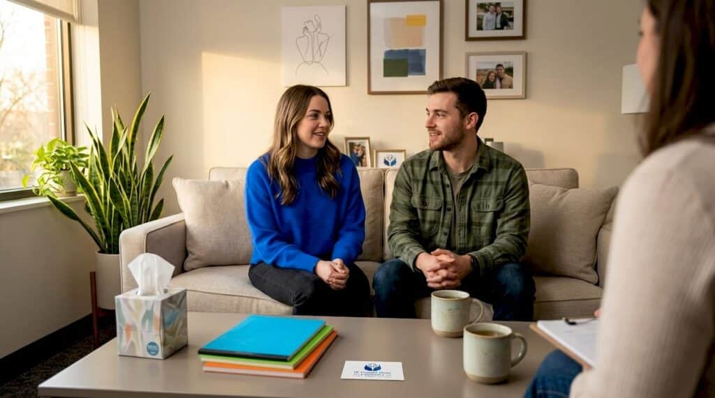 Couple in therapy session with therapist during premarital counseling at Dr. Stephen Oreski & Associates.