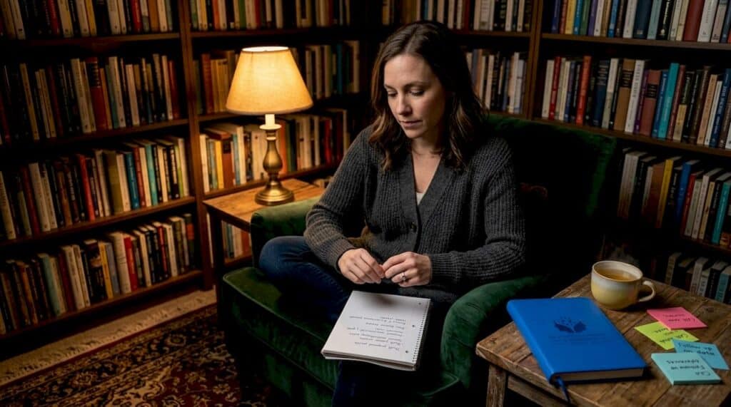 Woman reflecting in apartment living room