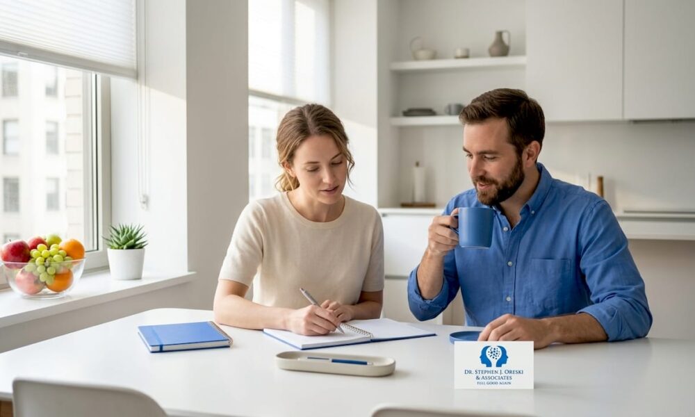 Couple discussing boundaries at kitchen table