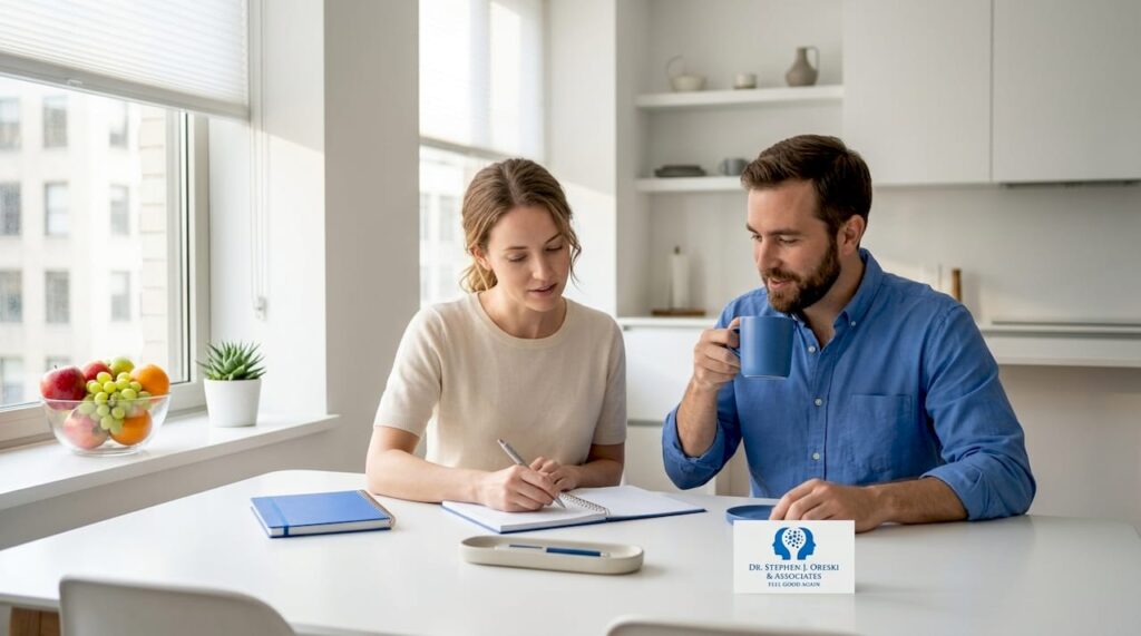 Couple discussing boundaries at kitchen table