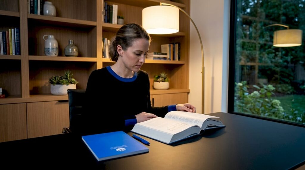 Woman reading psychology book at kitchen table