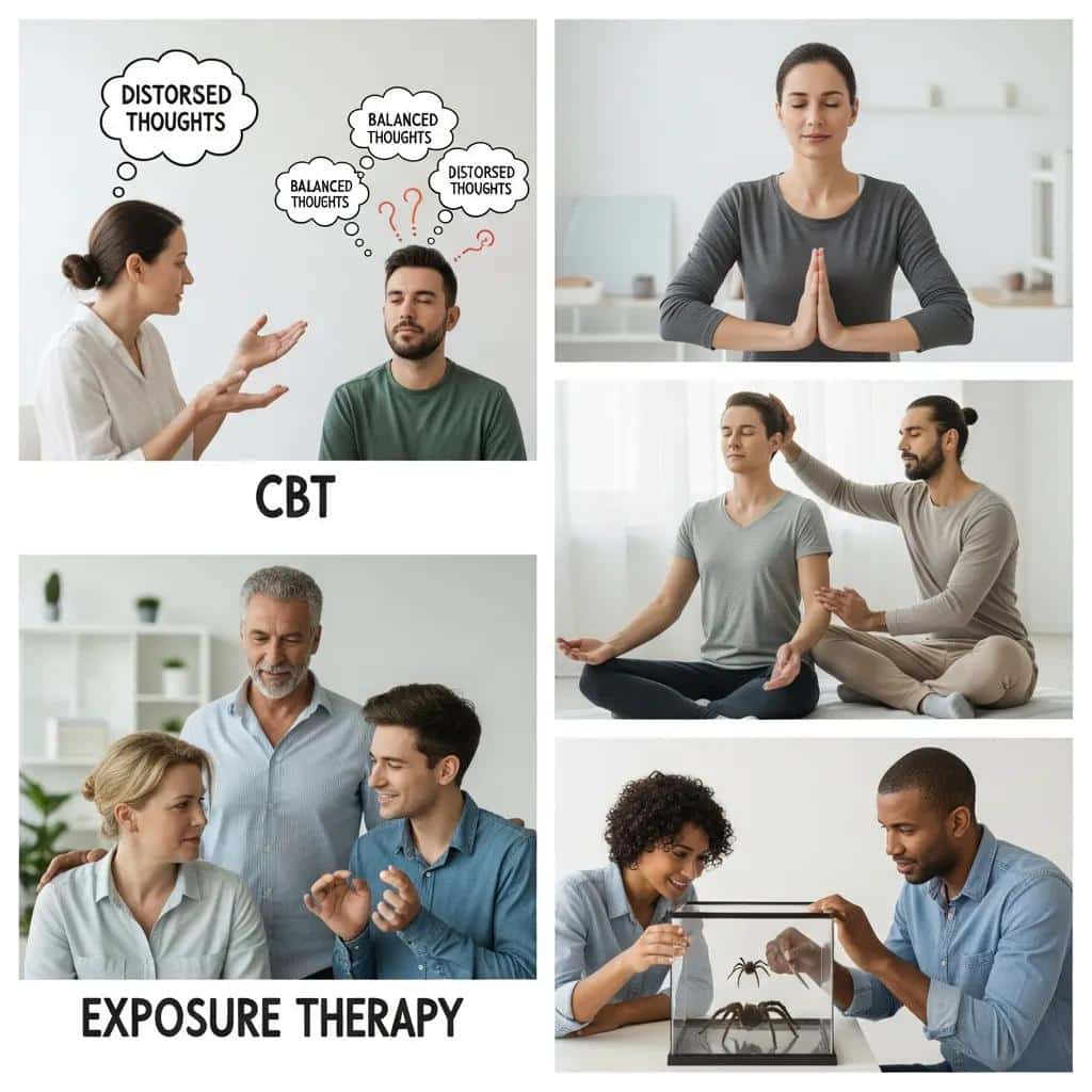 Collage of various anxiety therapy sessions highlighting different therapeutic approaches