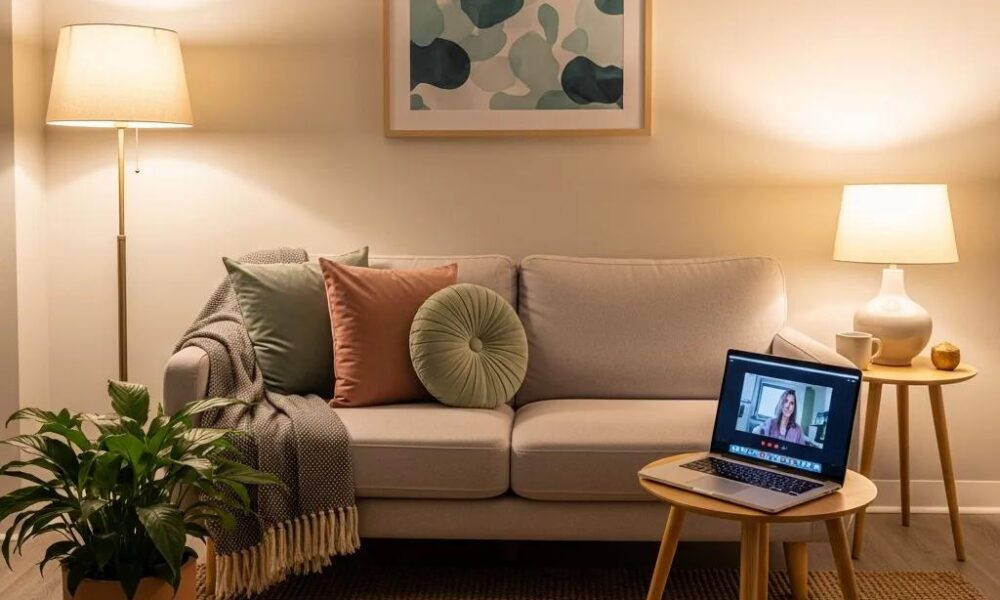 Cozy therapy room with a laptop, representing teletherapy and modern psychotherapy trends