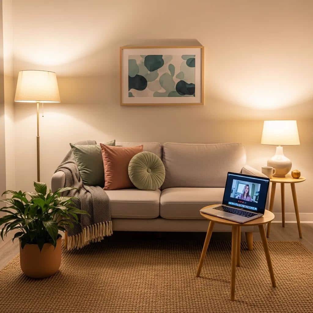 Cozy therapy room with a laptop, representing teletherapy and modern psychotherapy trends