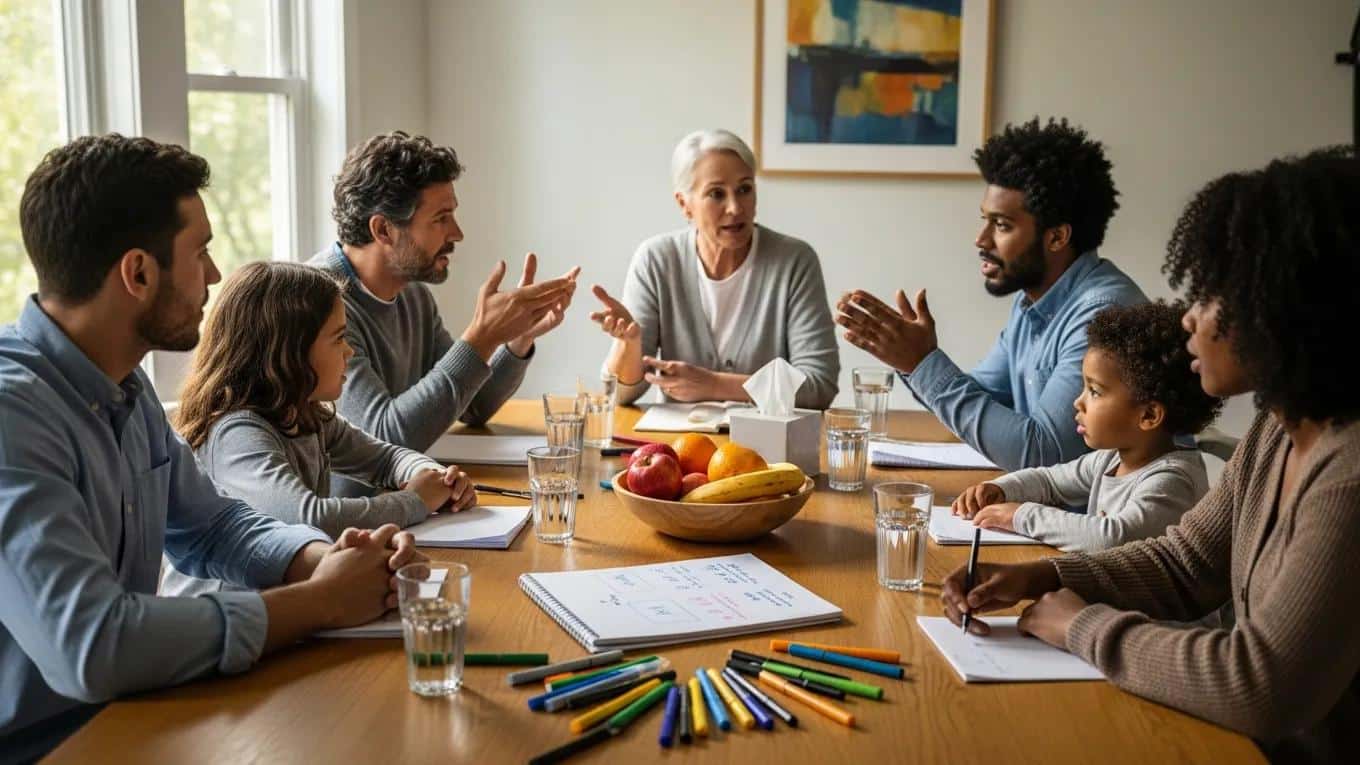 Family meeting around a dining table improving communication