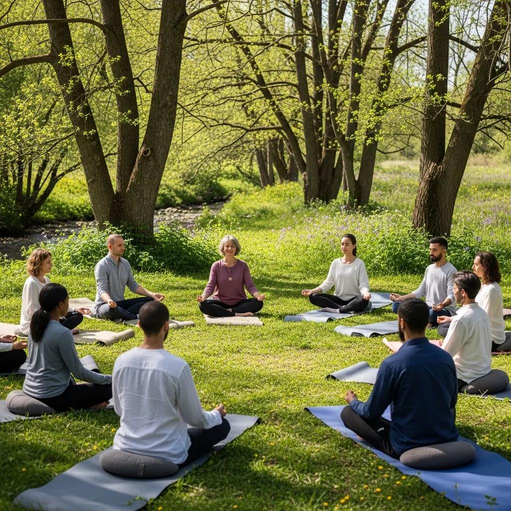 Group mindfulness therapy session in nature, illustrating integrative methods in psychotherapy