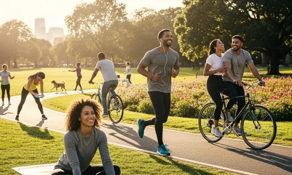 Group of diverse individuals exercising outdoors, showcasing the benefits of physical activity for mental health