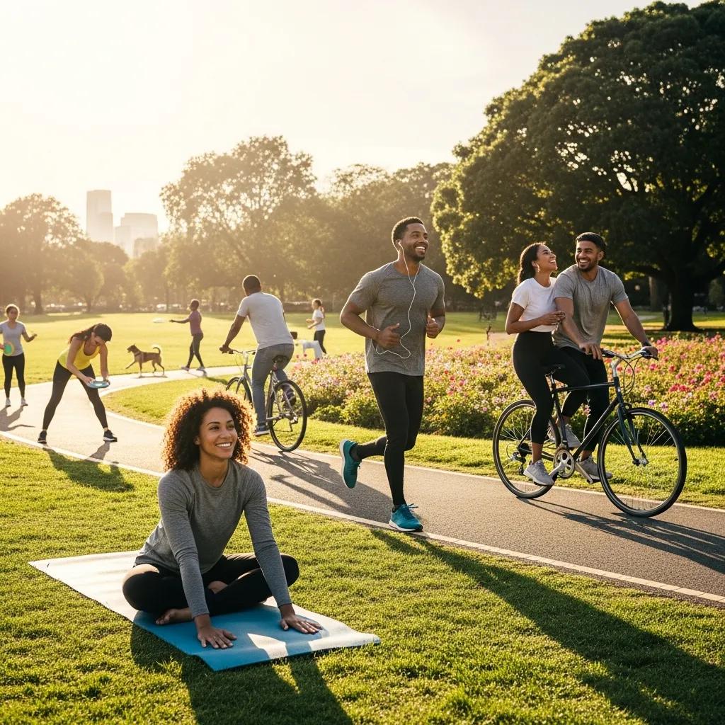Group of diverse individuals exercising outdoors, showcasing the benefits of physical activity for mental health