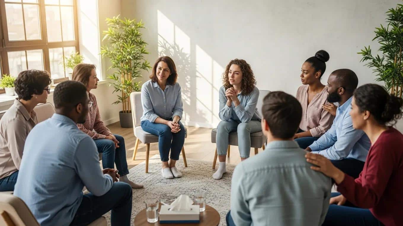 Group therapy session showcasing individuals sharing experiences and support for social anxiety