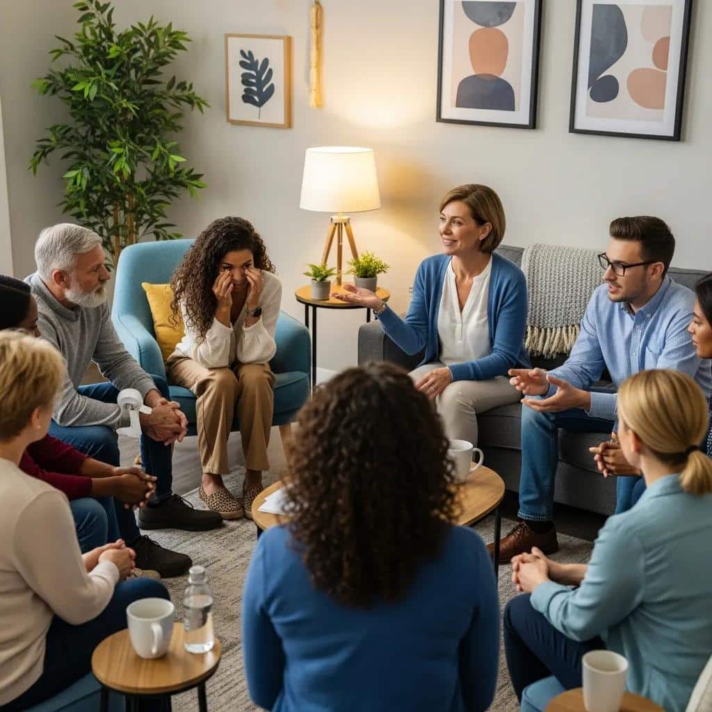 Group therapy session with diverse adults discussing mental health, illustrating the support of individual counseling