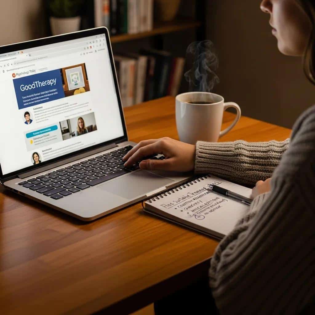 Individual researching therapists online at a desk, representing the process of finding the right therapist for counseling