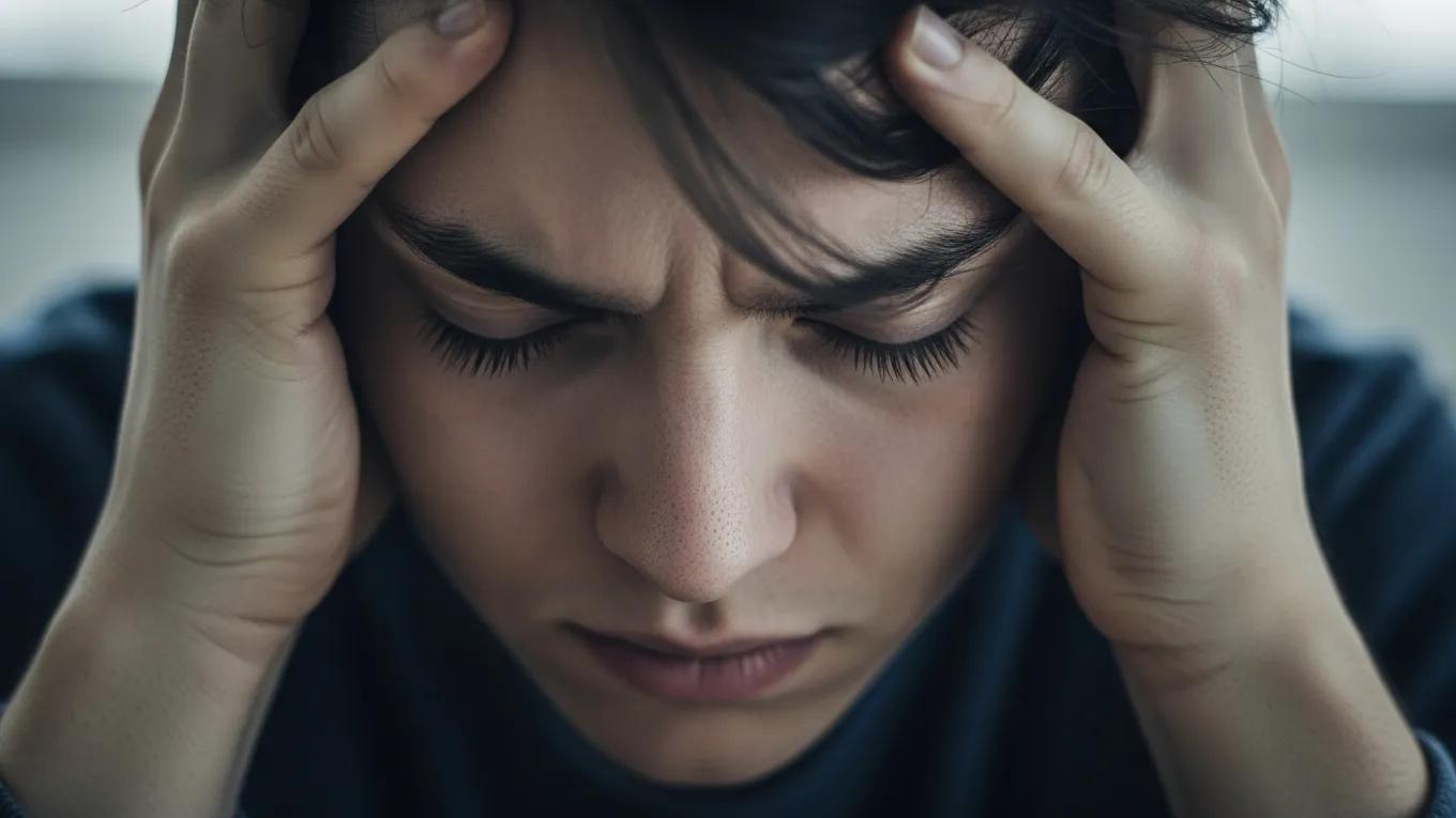 Individual showing signs of anxiety, highlighting emotional and physical symptoms