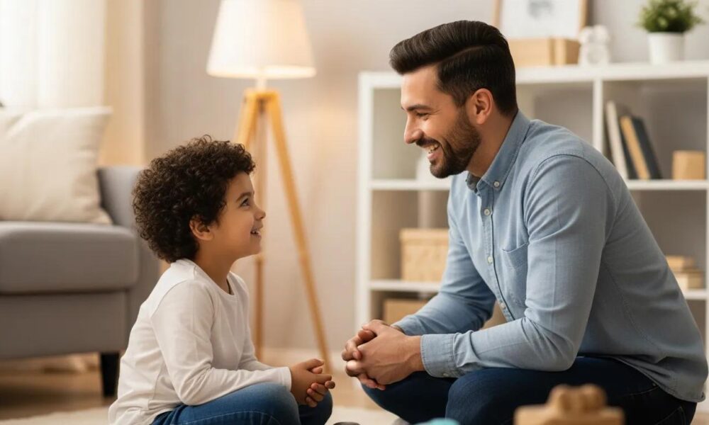 Parent and child having a positive conversation in a cozy living room, illustrating effective parenting strategies