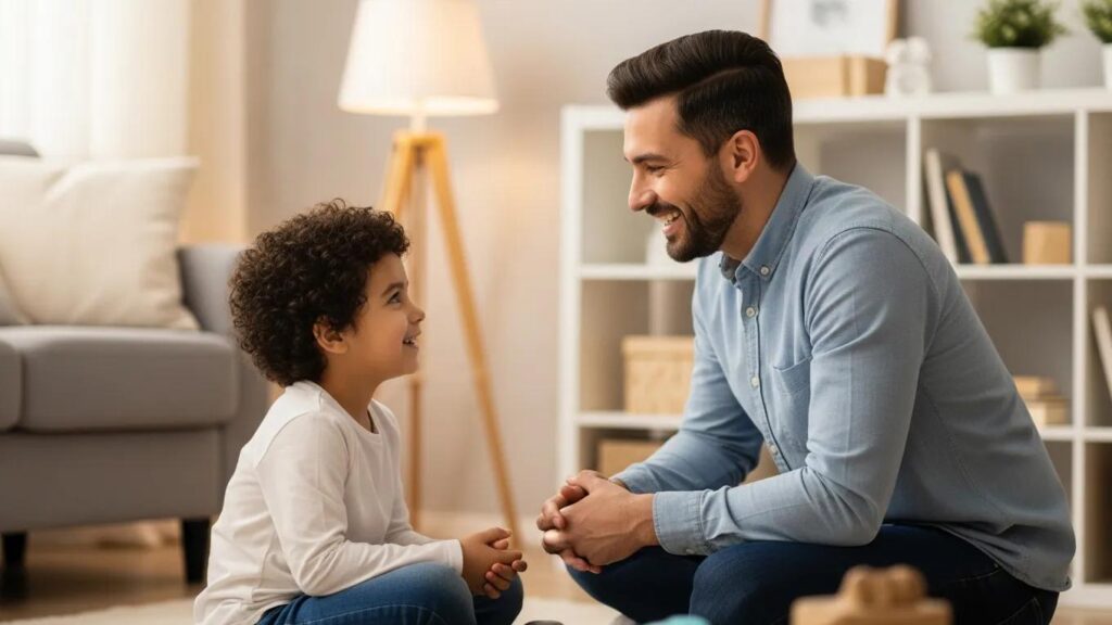 Father and child having a positive conversation illustrating effective parenting strategies.
