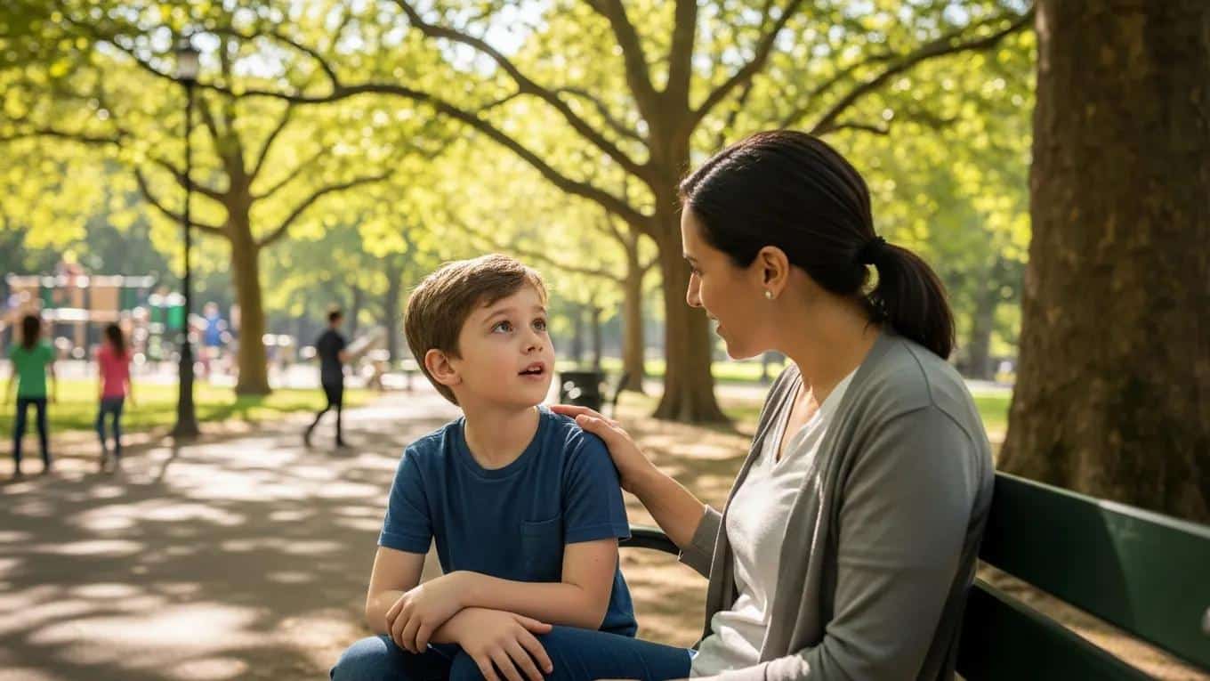 Parent and child sharing empathy on a park bench