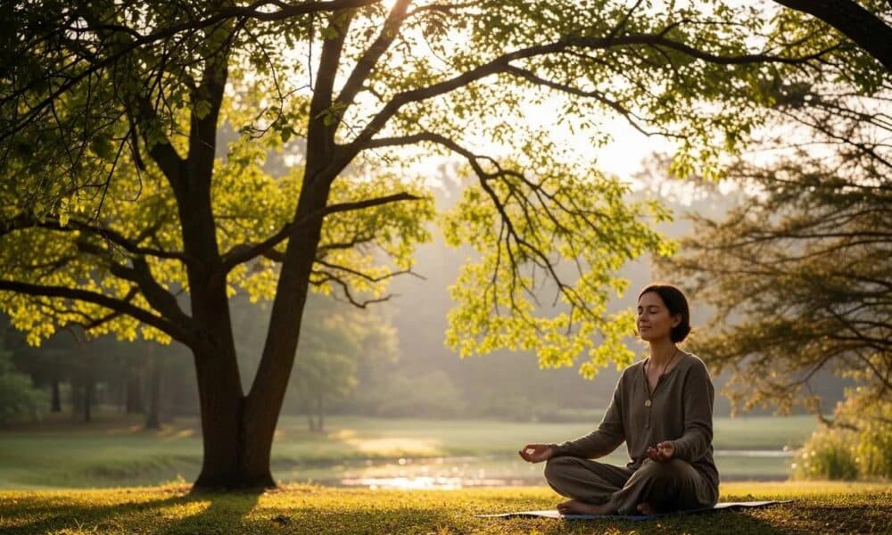 Person practicing mindfulness outdoors, representing mental well-being and anxiety management