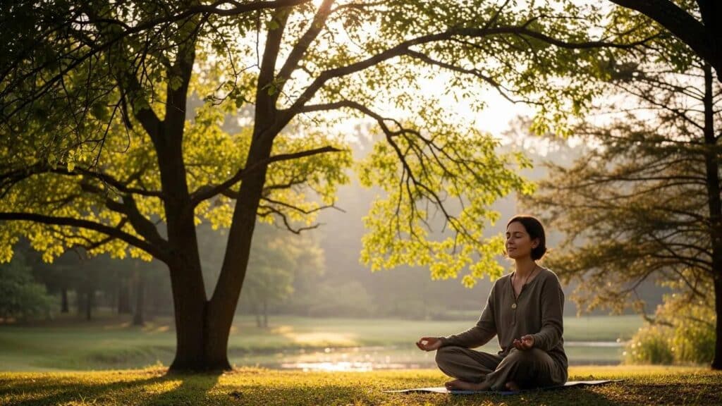 Person practicing mindfulness outdoors, representing mental well-being and anxiety management