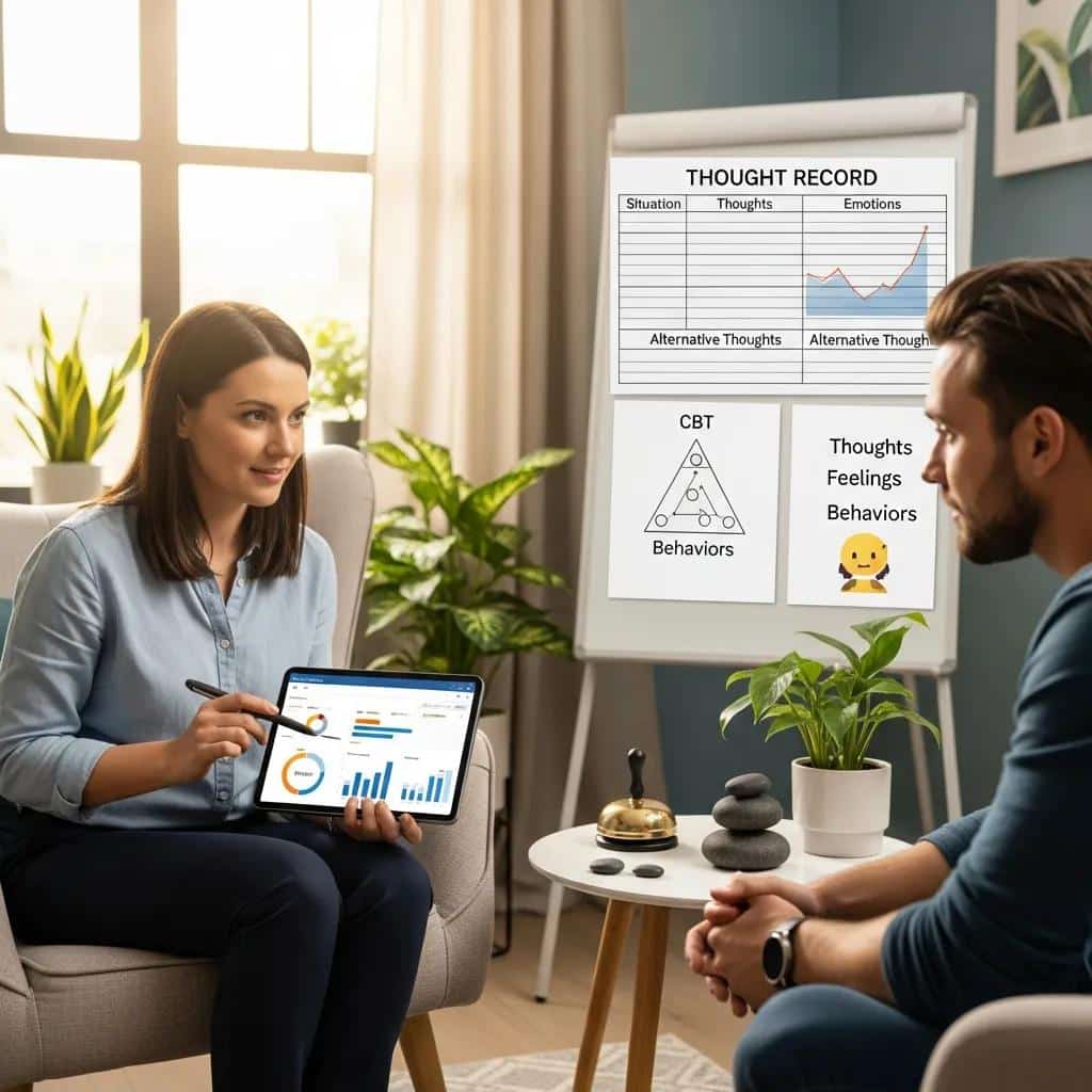 Therapist and client engaging in CBT session with technology, highlighting innovations in therapy