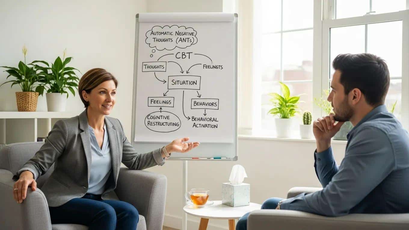 Therapist and client in a Cognitive Behavioral Therapy session discussing treatment methods