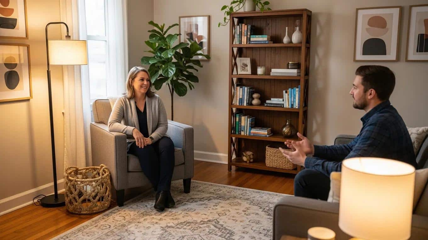 Therapist and client in a cozy therapy room, illustrating effective therapy techniques for anxiety management