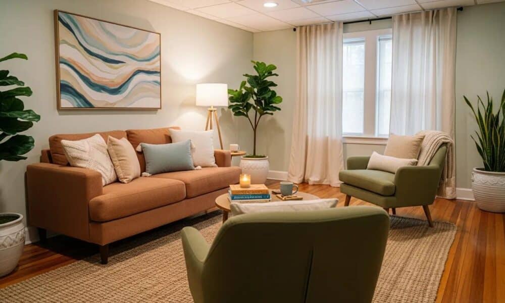 Therapy room designed for comfort and support in overcoming social anxiety