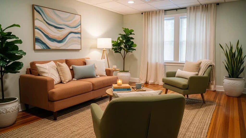 Therapy room designed for comfort and support in overcoming social anxiety