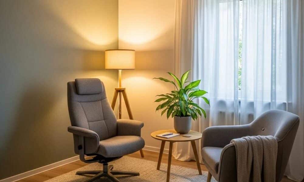 Therapy room with comfortable seating and calming decor, representing individual therapy and mental wellness