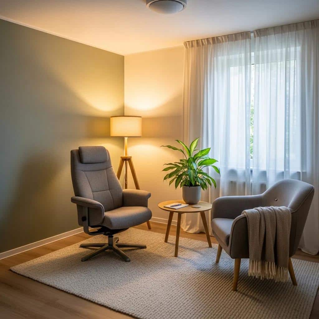 Therapy room with comfortable seating and calming decor, representing individual therapy and mental wellness