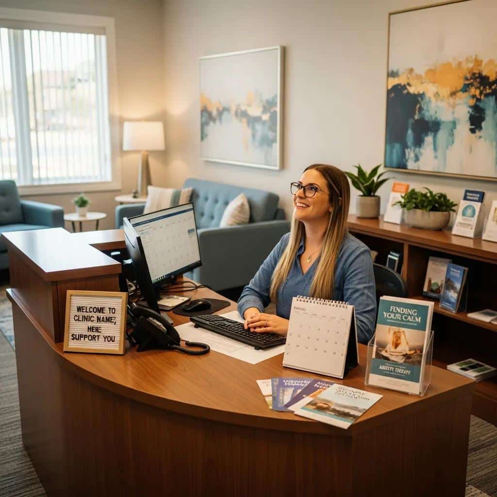 Welcoming therapist's office reception area with a friendly atmosphere for clients
