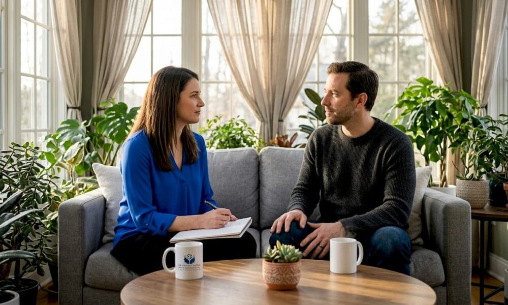 Couple calmly resolving conflict at home, practicing active listening and communication techniques.