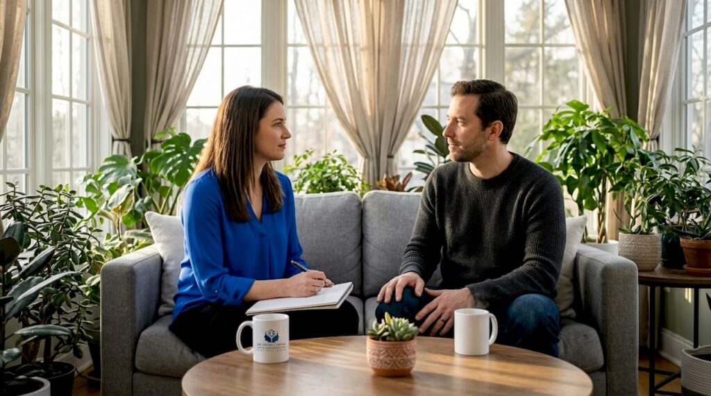 Couple calmly resolving conflict at home